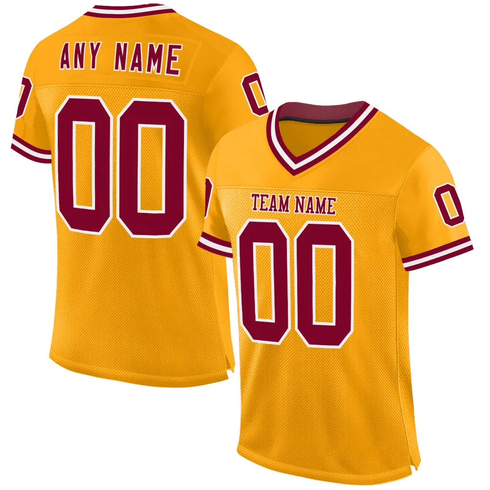 Custom Gold Maroon-White Mesh Authentic Throwback Football Jersey