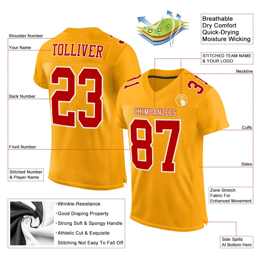 Custom Gold Red-White Mesh Authentic Football Jersey