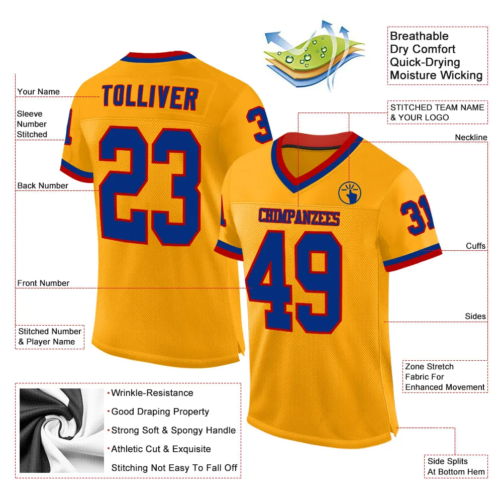 Custom Gold Royal-Red Mesh Authentic Throwback Football Jersey