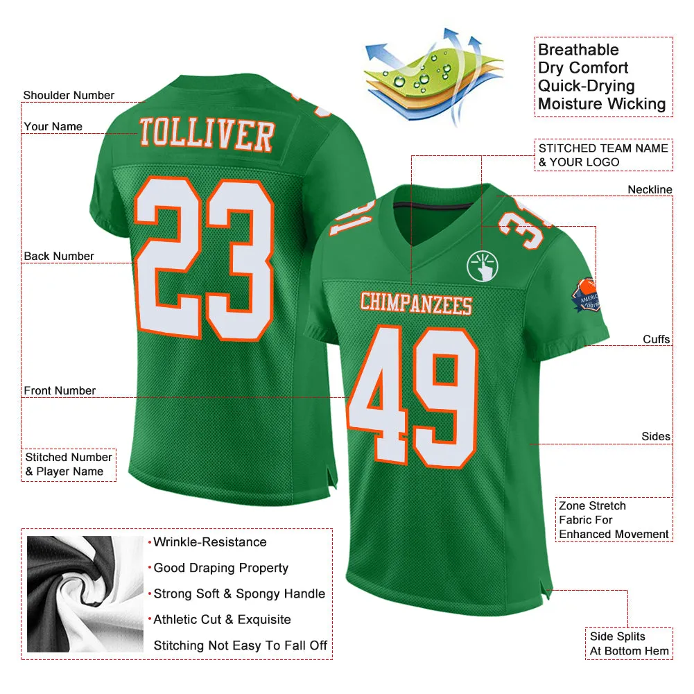 Custom Grass Green White-Orange Mesh Authentic Football Jersey