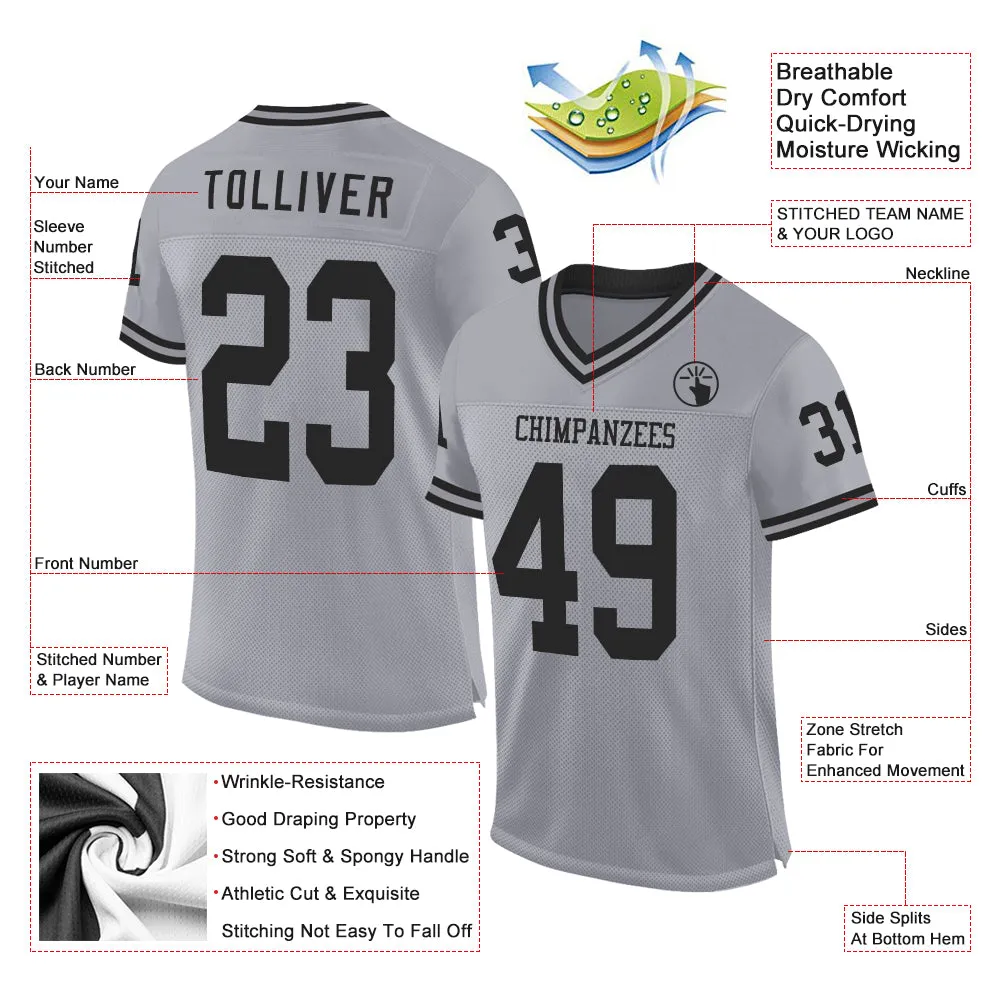 Custom Gray Black Mesh Authentic Throwback Football Jersey