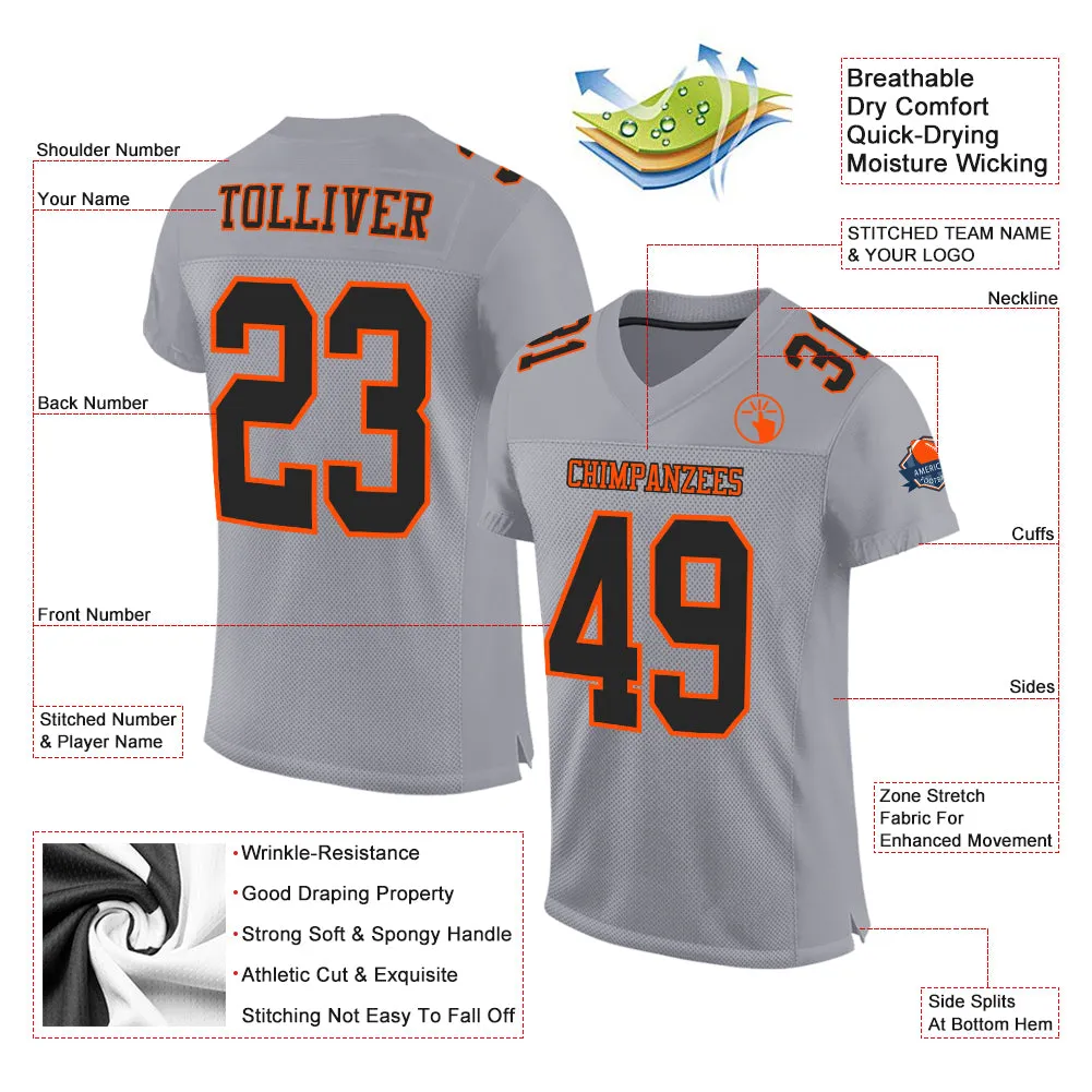 Custom Gray Black-Orange Mesh Authentic Football Jersey