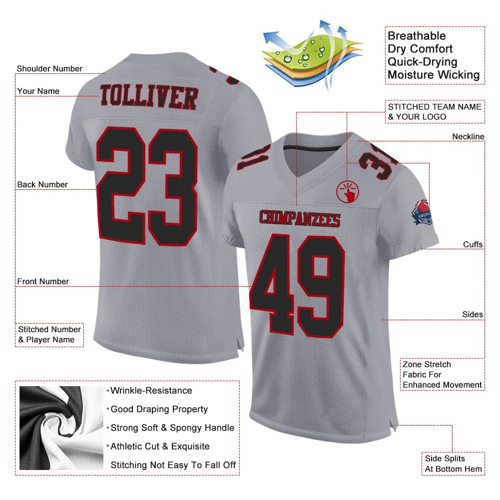 Custom Gray Black-Red Mesh Authentic Football Jersey