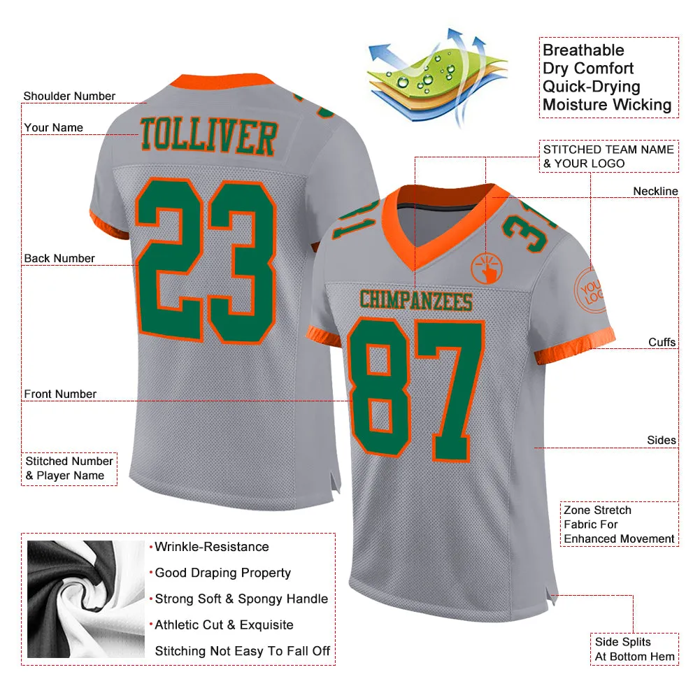 Custom Gray Kelly Green-Orange Mesh Authentic Football Jersey