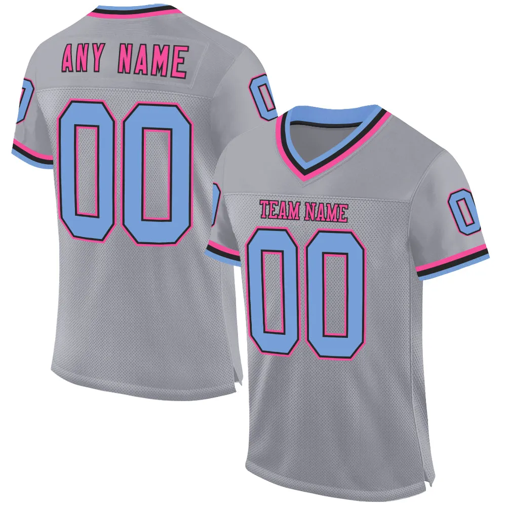 Custom Gray Light Blue Black-Pink Mesh Authentic Throwback Football Jersey