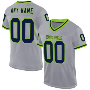 Custom Gray Navy-Neon Green Mesh Authentic Throwback Football Jersey