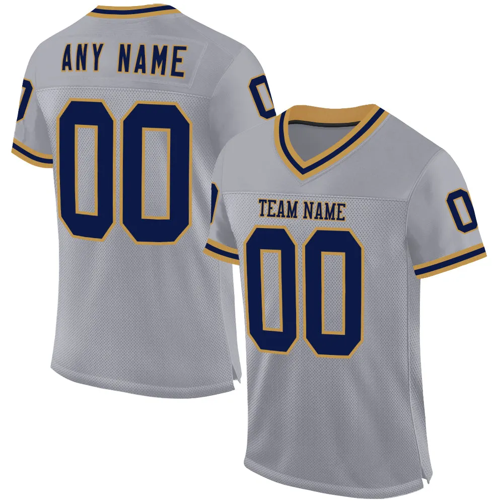 Custom Gray Navy-Old Gold Mesh Authentic Throwback Football Jersey