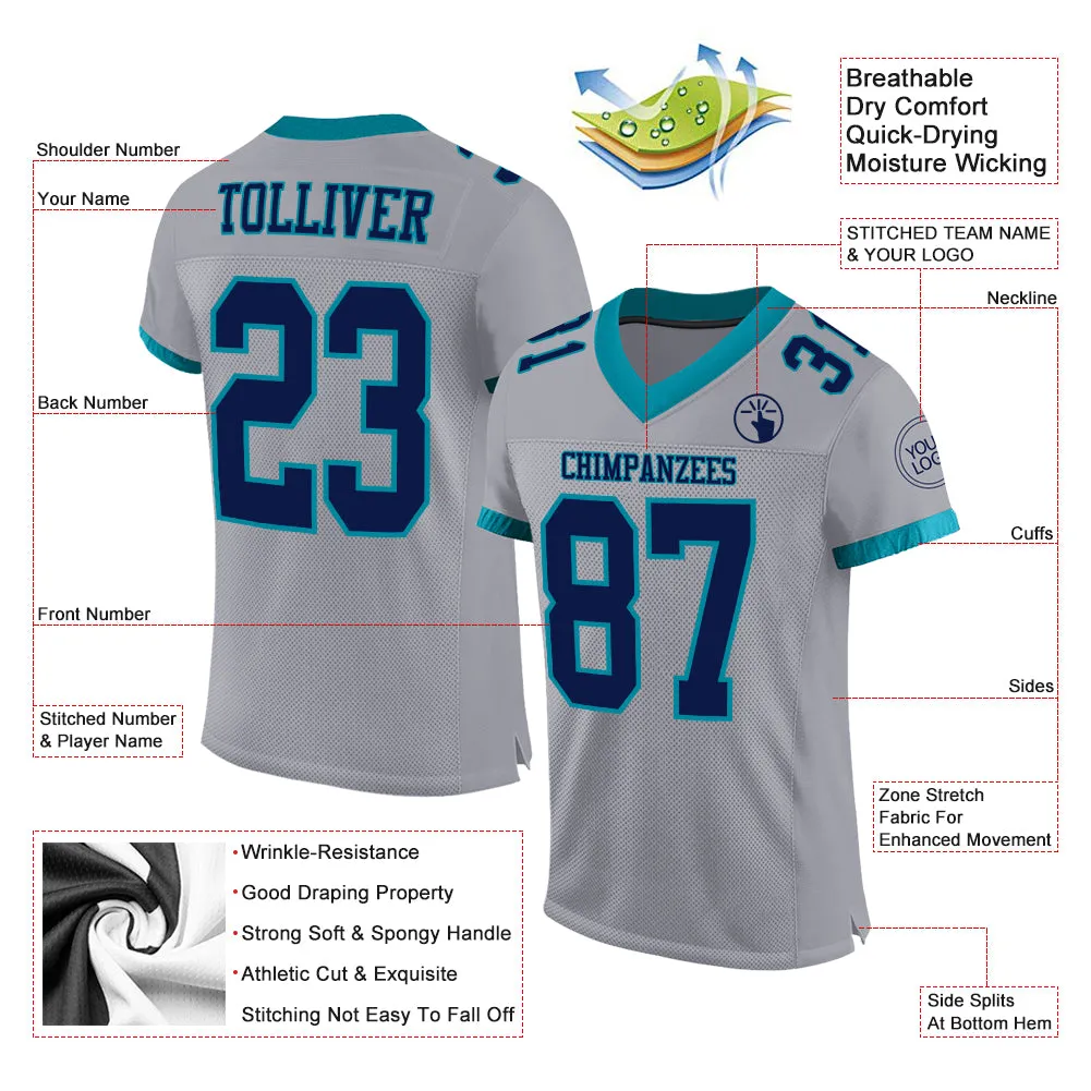 Custom Gray Navy-Teal Mesh Authentic Football Jersey