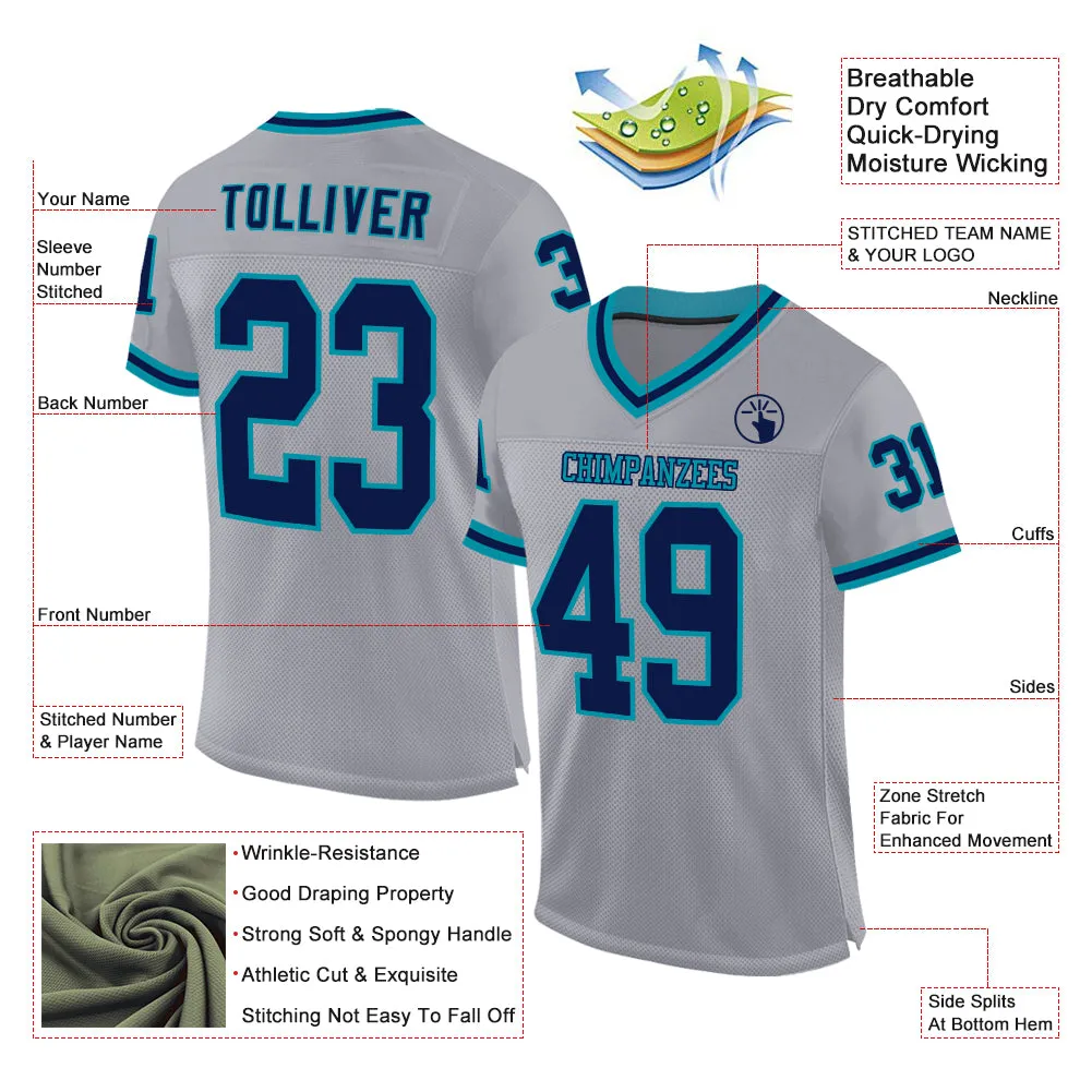 Custom Gray Navy-Teal Mesh Authentic Throwback Football Jersey