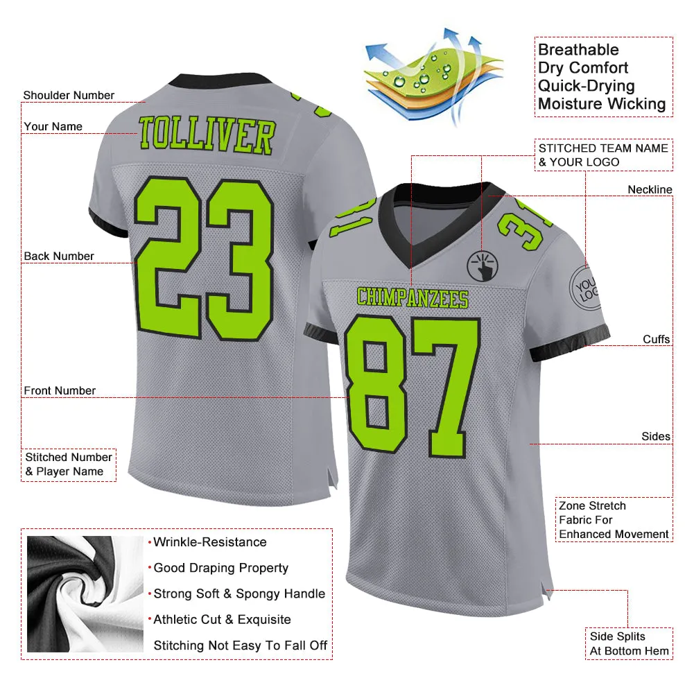 Custom Gray Neon Green-Black Mesh Authentic Football Jersey