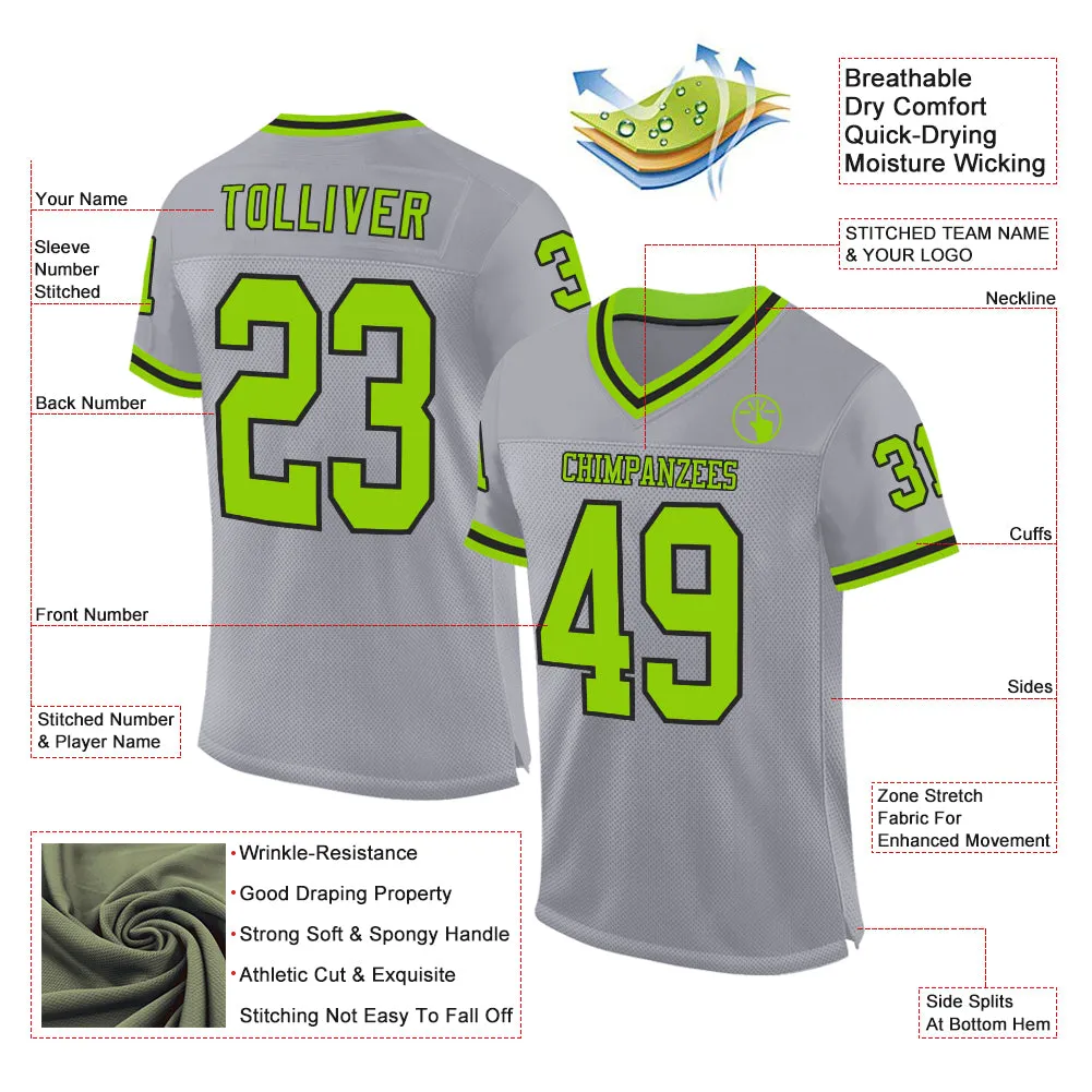 Custom Gray Neon Green-Black Mesh Authentic Throwback Football Jersey