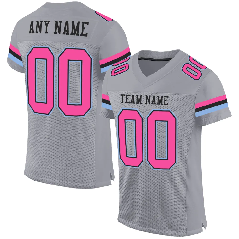 Custom Gray Pink Black-Light Blue Mesh Authentic Football Jersey