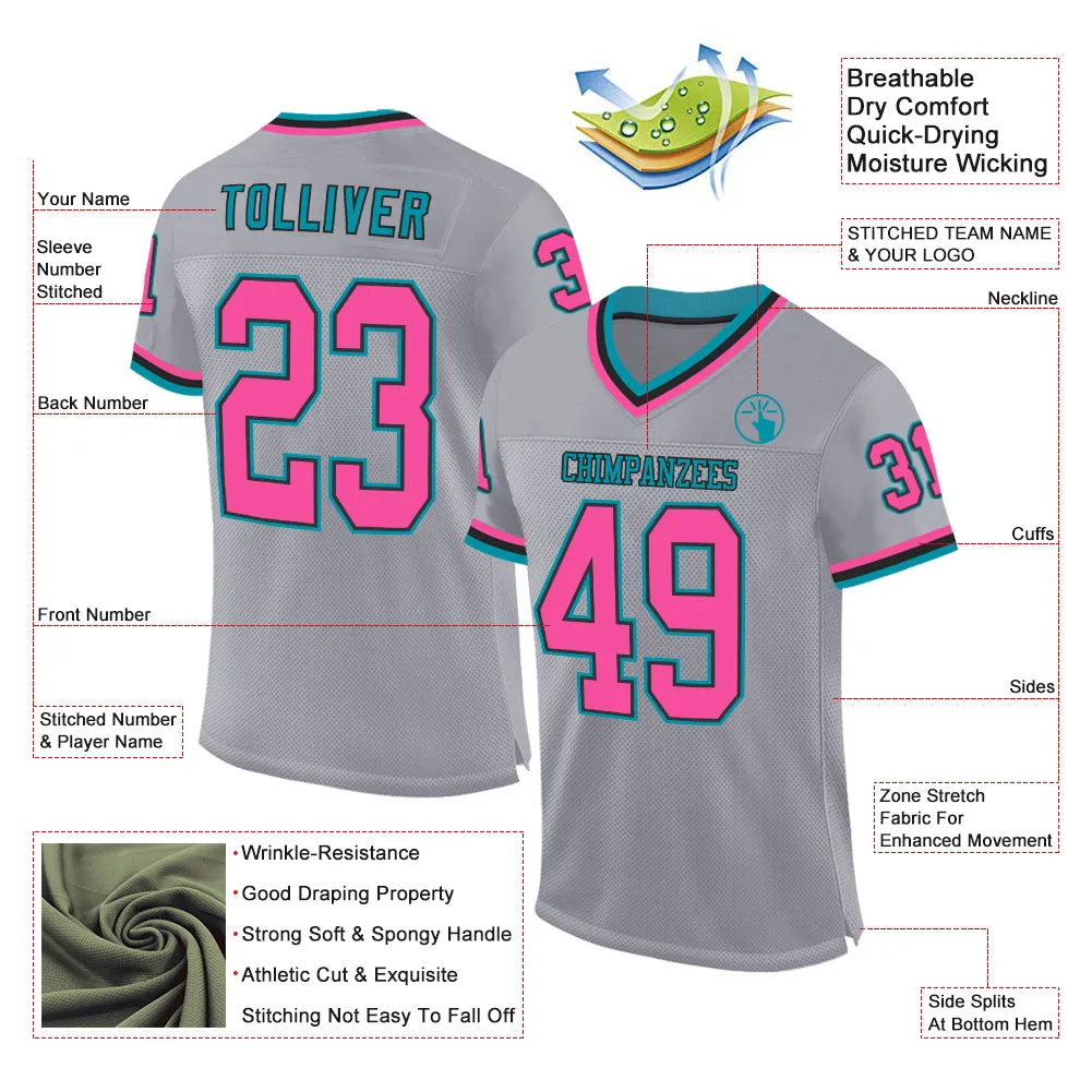 Custom Gray Pink Black-Teal Mesh Authentic Throwback Football Jersey