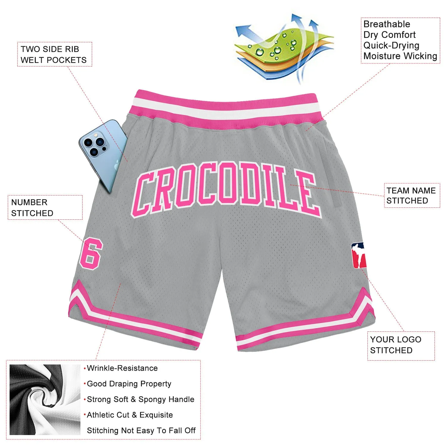 Custom Gray Pink-White Authentic Throwback Basketball Shorts