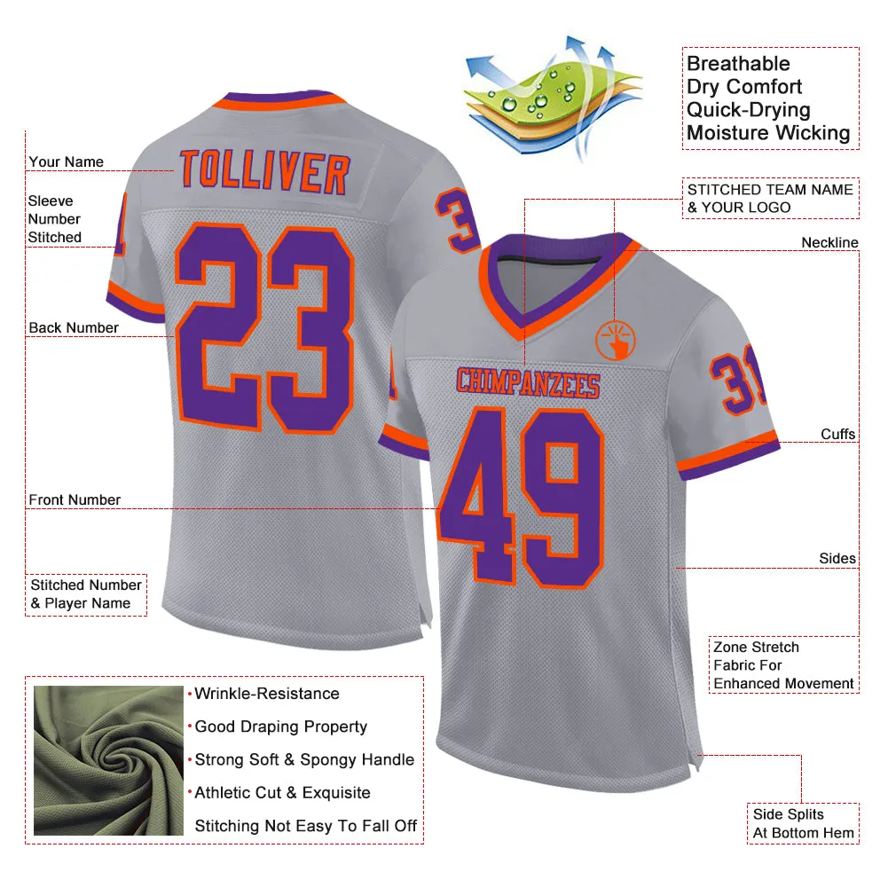 Custom Gray Purple-Orange Mesh Authentic Throwback Football Jersey