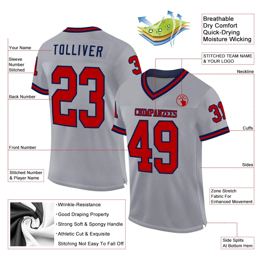 Custom Gray Red-Navy Mesh Authentic Throwback Football Jersey