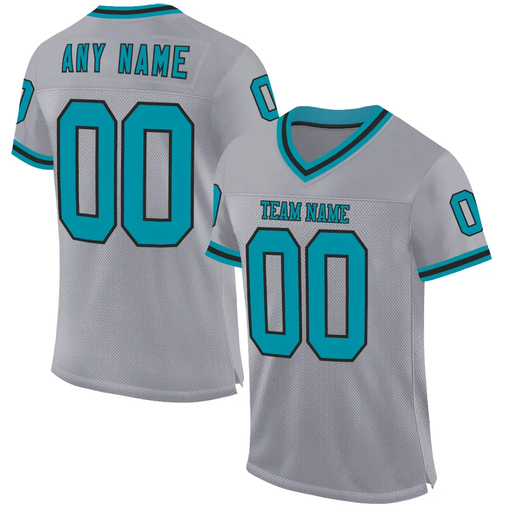 Custom Gray Teal-Black Mesh Authentic Throwback Football Jersey