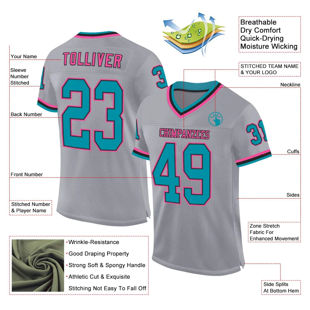 Custom Gray Teal Black-Pink Mesh Authentic Throwback Football Jersey