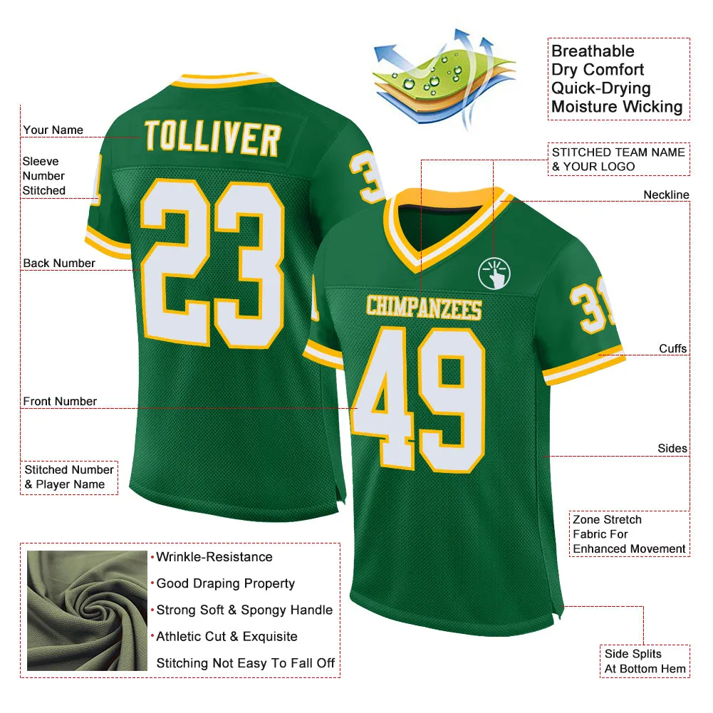 Custom Kelly Green White-Gold Mesh Authentic Throwback Football Jersey