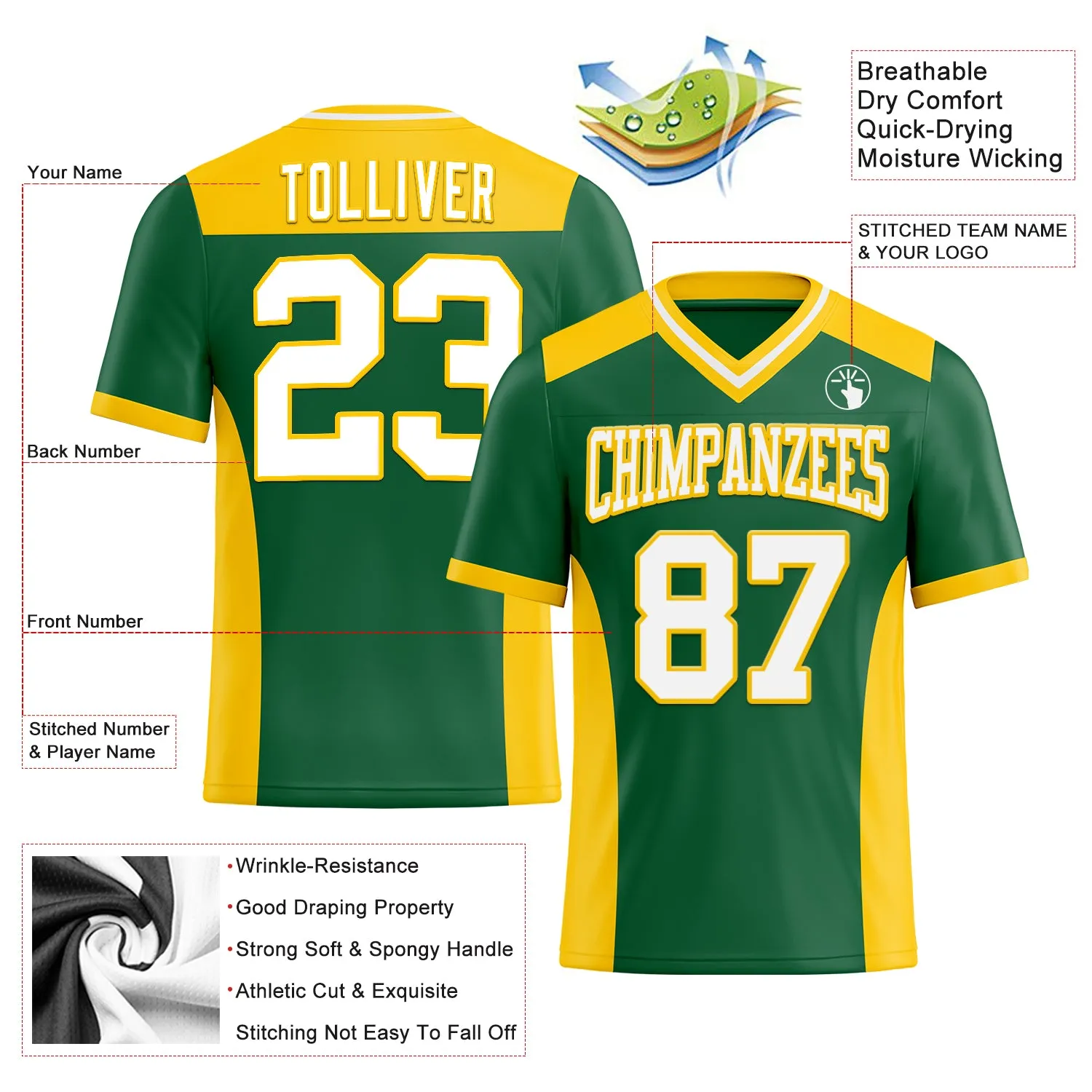 Custom Kelly Green White-Yellow Mesh Authentic Football Jersey