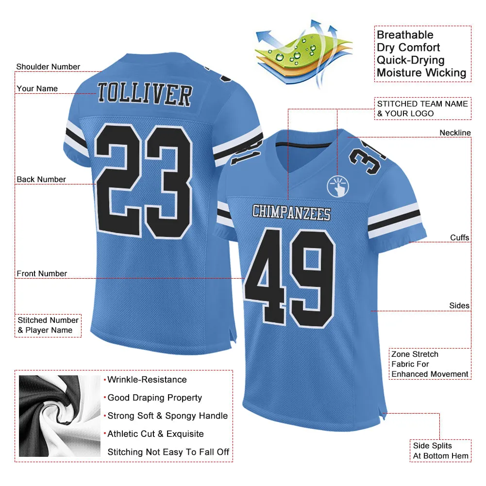 Custom Light Blue Black-White Mesh Authentic Football Jersey