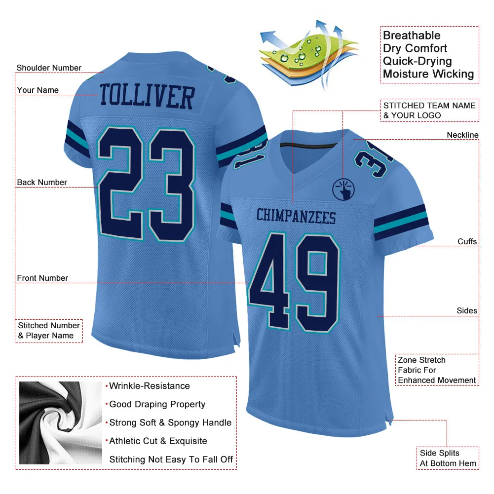 Custom Light Blue Navy Gray-Teal Mesh Authentic Football Jersey