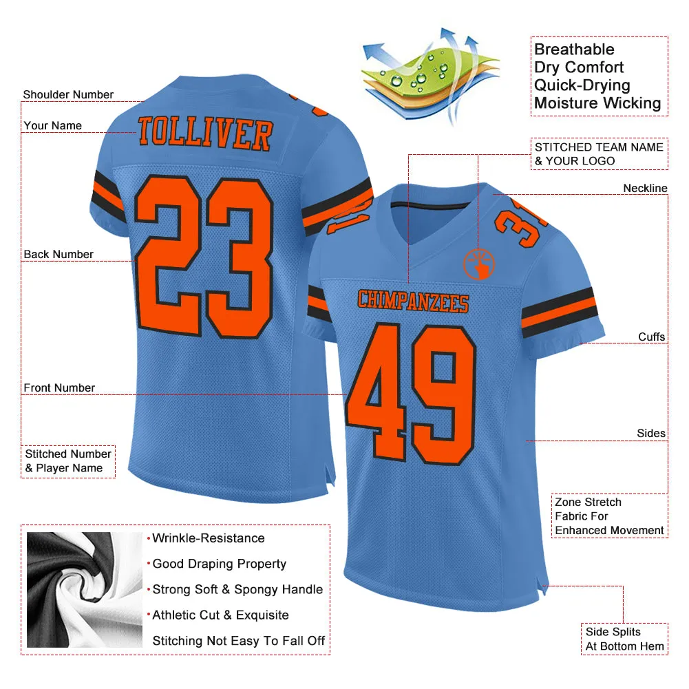 Custom Light Blue Orange-Black Mesh Authentic Football Jersey