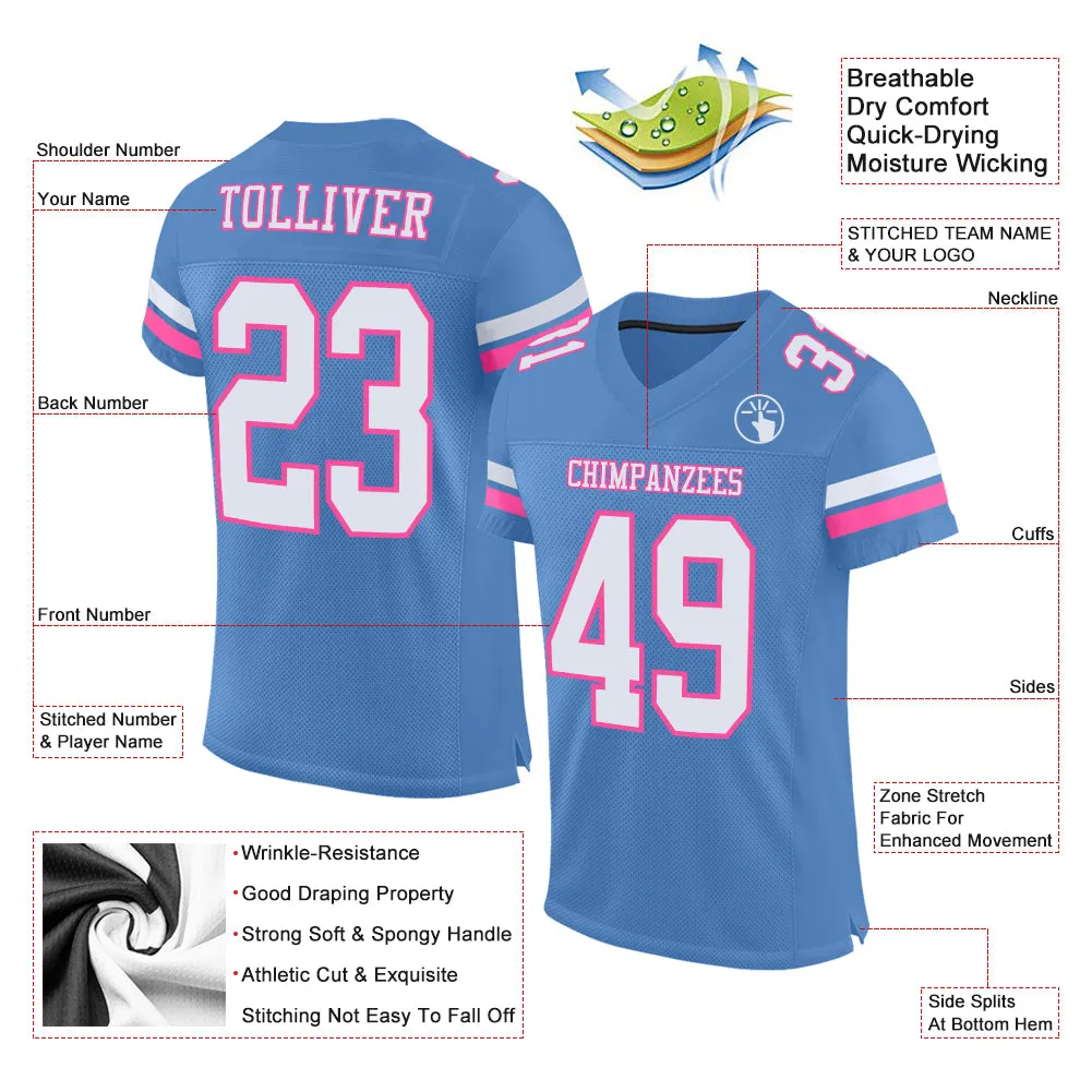 Custom Light Blue White-Pink Mesh Authentic Football Jersey