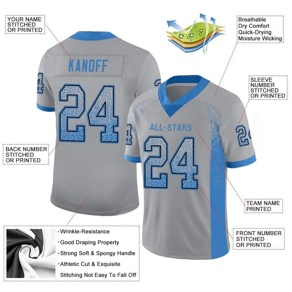 Custom Light Gray Powder Blue-Black Mesh Drift Fashion Football Jersey