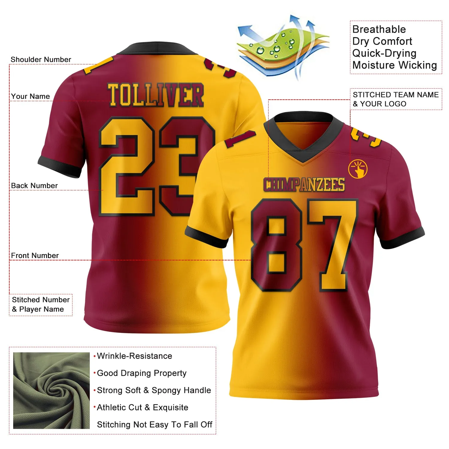 Custom Maroon Gold-Black Mesh Authentic Gradient Fashion Football Jersey