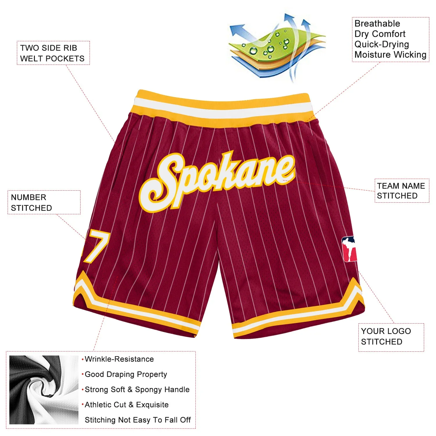 Custom Maroon White Pinstripe White-Gold Authentic Basketball Shorts