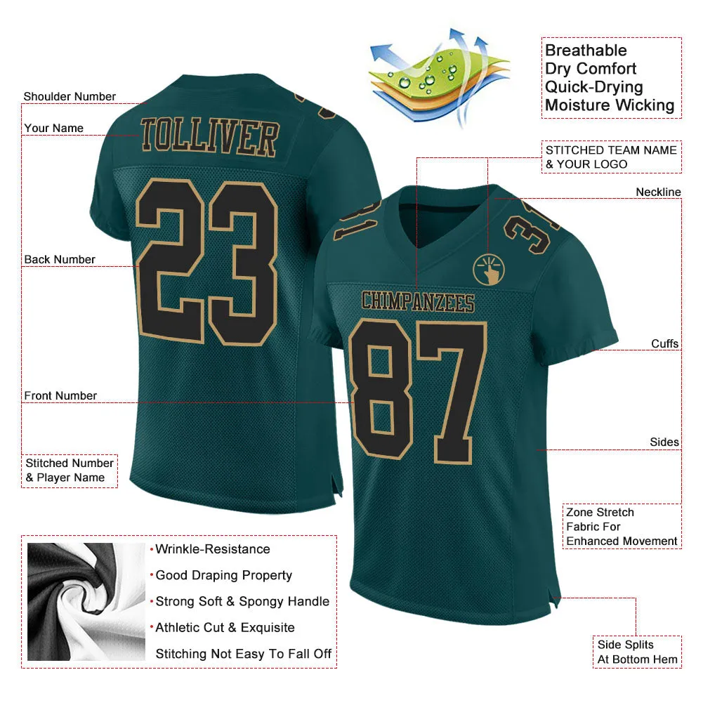 Custom Midnight Green Black-Old Gold Mesh Authentic Football Jersey