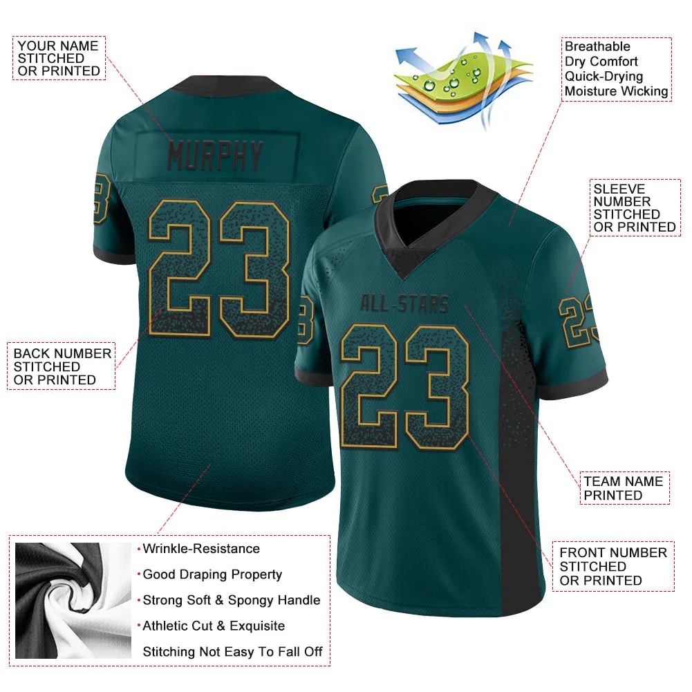 Custom Midnight Green Black-Old Gold Mesh Drift Fashion Football Jersey