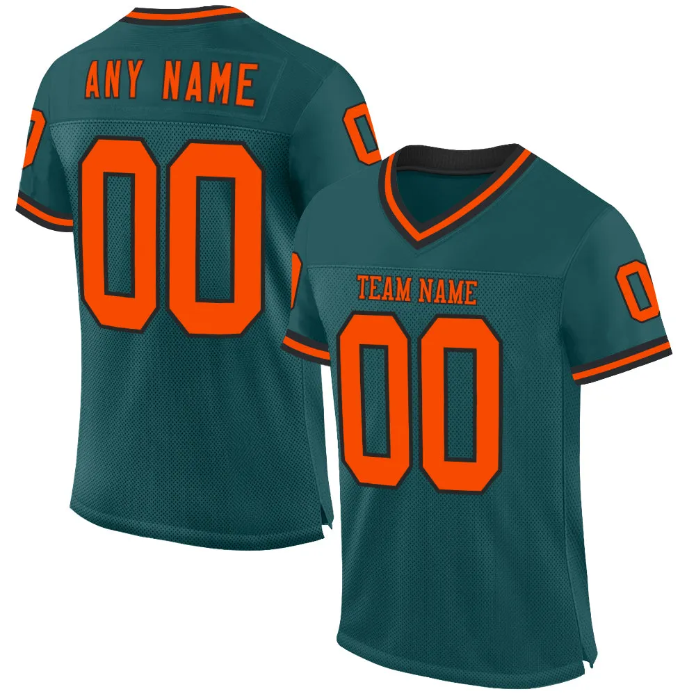 Custom Midnight Green Orange-Black Mesh Authentic Throwback Football Jersey