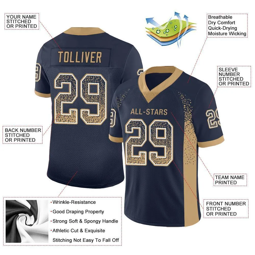 Custom Navy Old Gold-White Mesh Drift Fashion Football Jersey