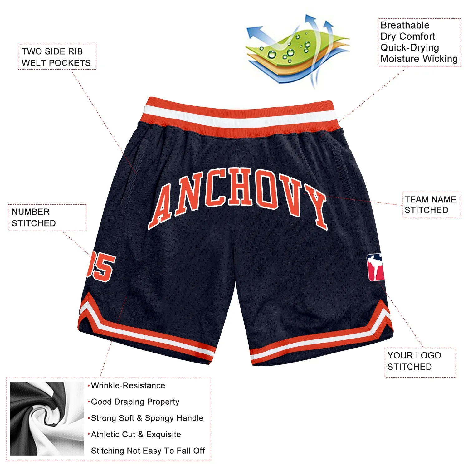 Custom Navy Orange-White Authentic Throwback Basketball Shorts