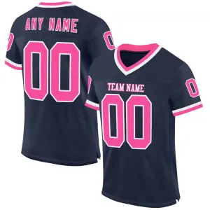 Custom Navy Pink-White Mesh Authentic Throwback Football Jersey