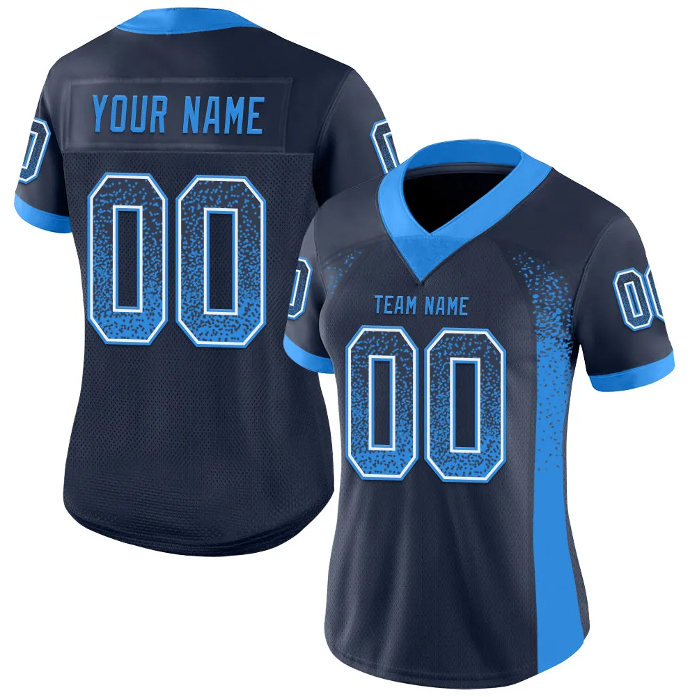 Custom Navy Powder Blue-White Mesh Drift Fashion Football Jersey