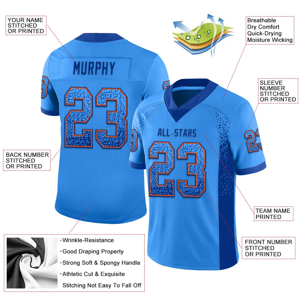 Custom Powder Blue Royal-Orange Mesh Drift Fashion Football Jersey