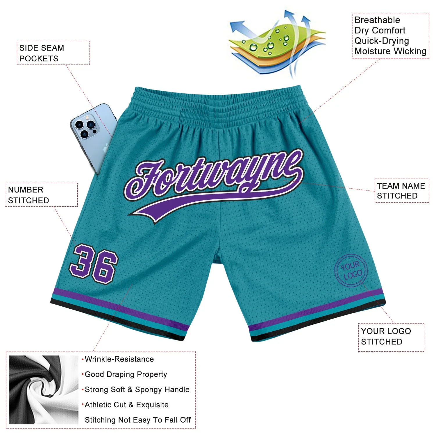 Custom Teal Purple-Black Authentic Throwback Basketball Shorts