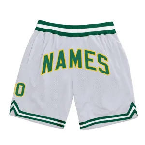 Custom White Kelly Green-Gold Authentic Throwback Basketball Shorts