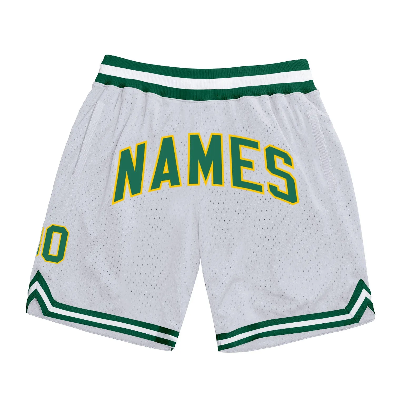 Custom White Kelly Green-Gold Authentic Throwback Basketball Shorts