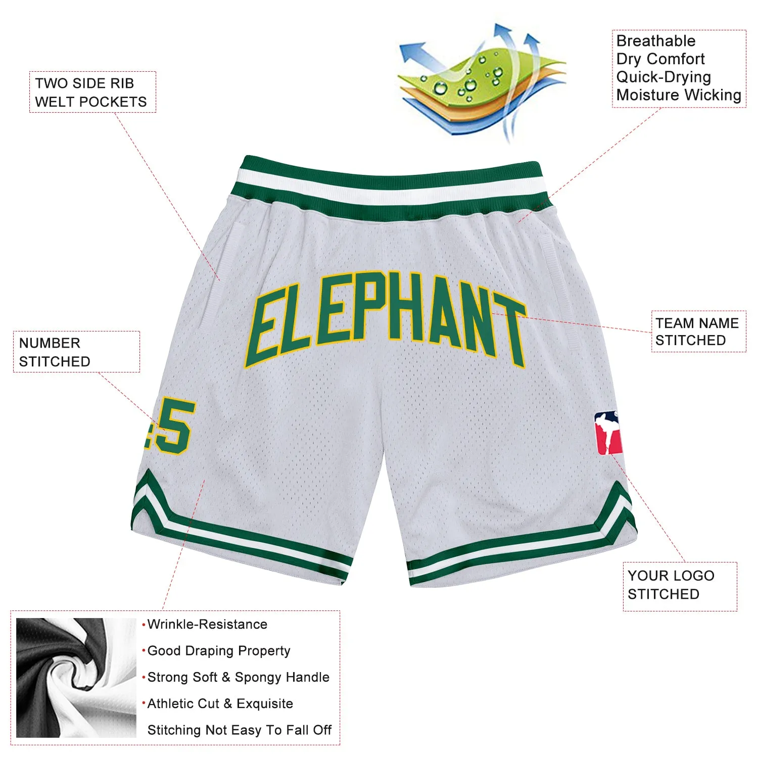 Custom White Kelly Green-Gold Authentic Throwback Basketball Shorts