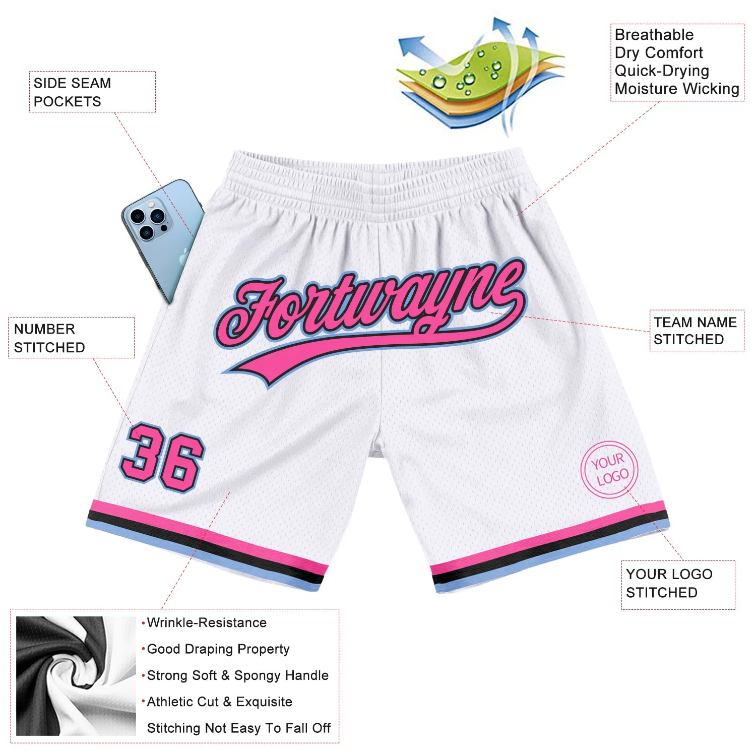 Custom White Pink Black-Light Blue Authentic Throwback Basketball Shorts