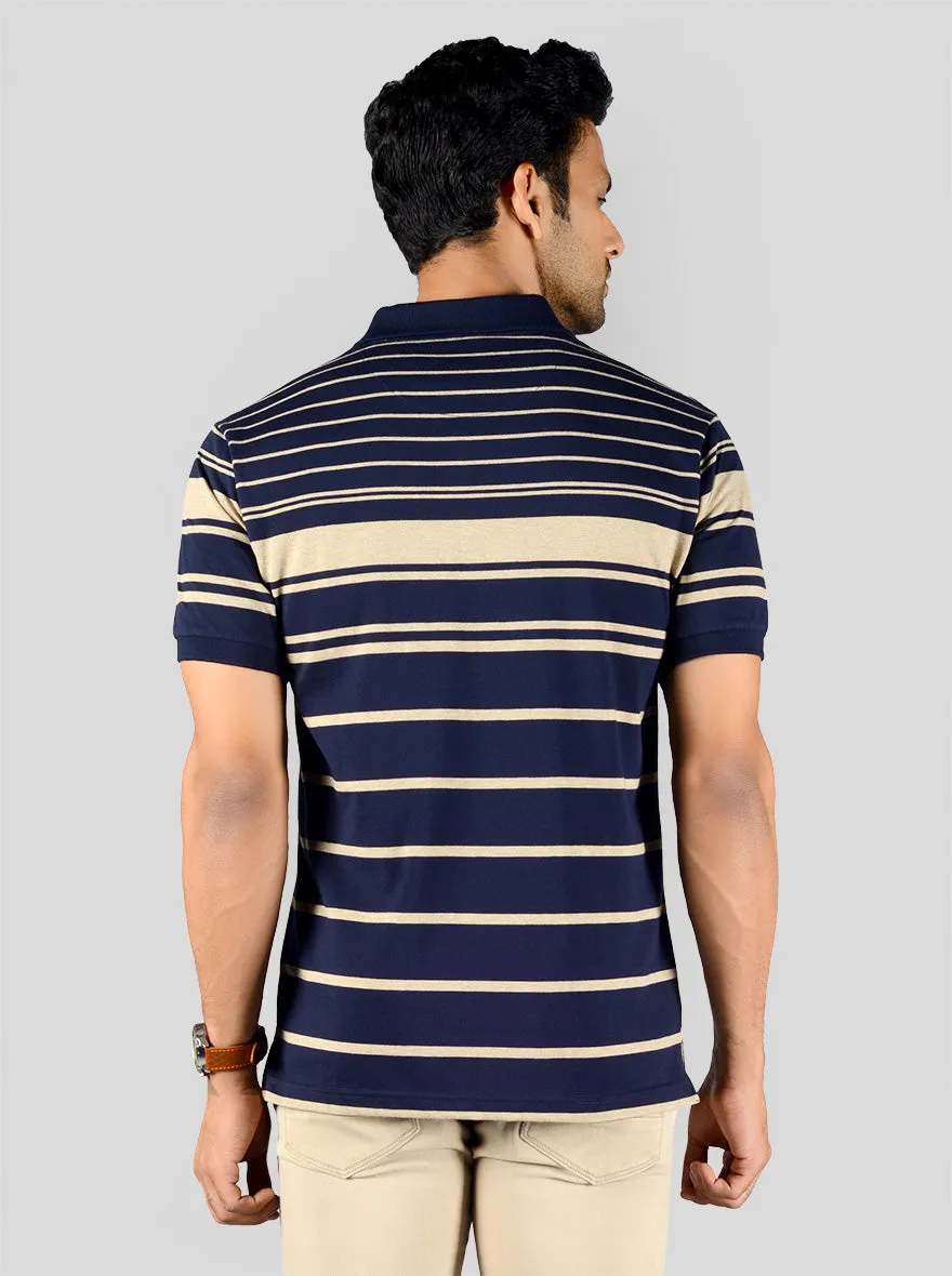 Deep Blue & Nude Striped Slim Fit Polo T-shirt | Greenfibre