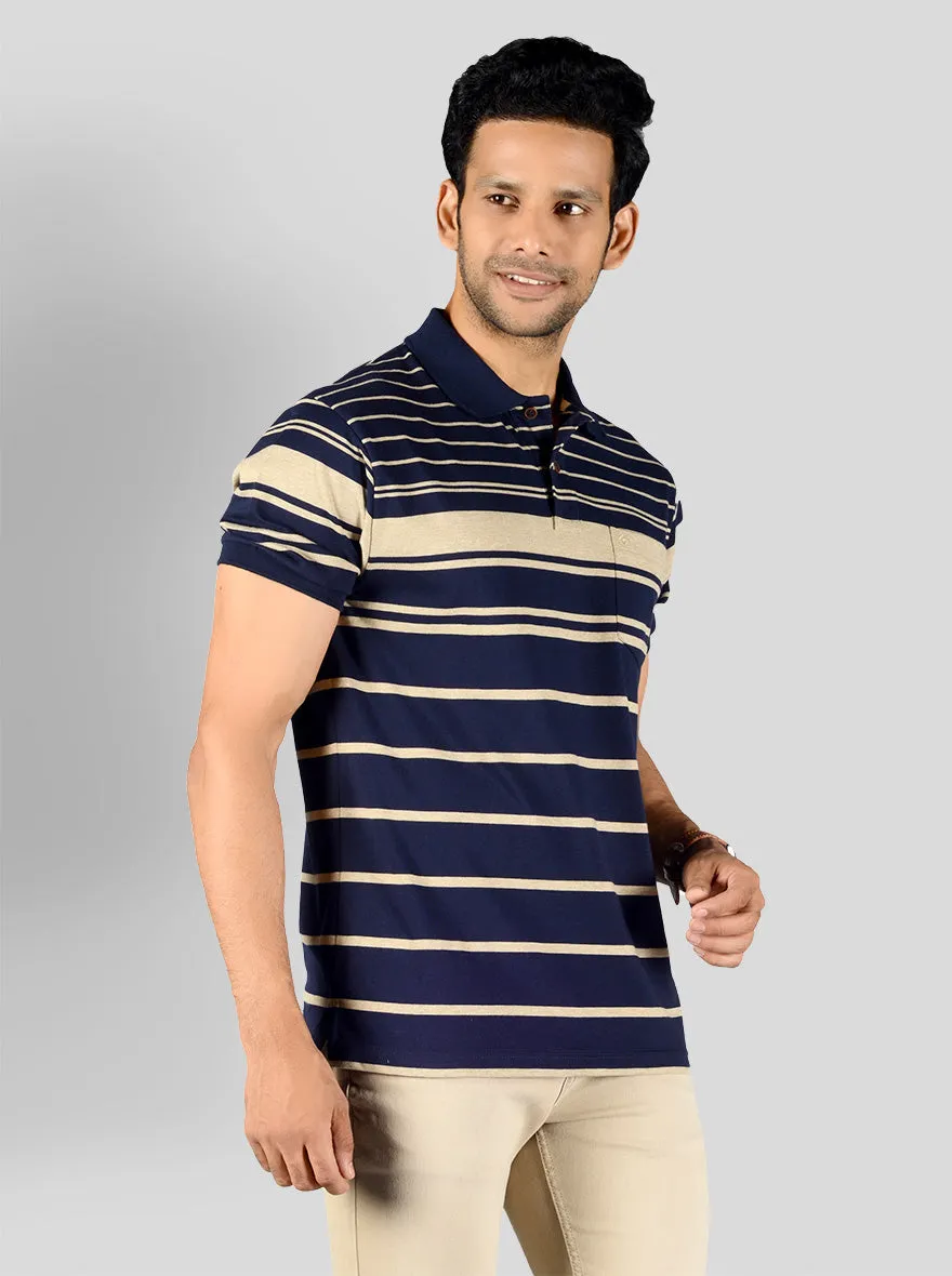 Deep Blue & Nude Striped Slim Fit Polo T-shirt | Greenfibre