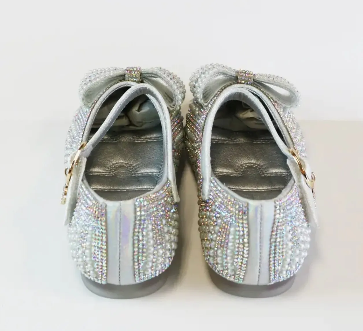 Doe a Dear Silver and Pearl Bowtie Girls Dress Shoes