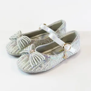 Doe a Dear Silver and Pearl Bowtie Girls Dress Shoes