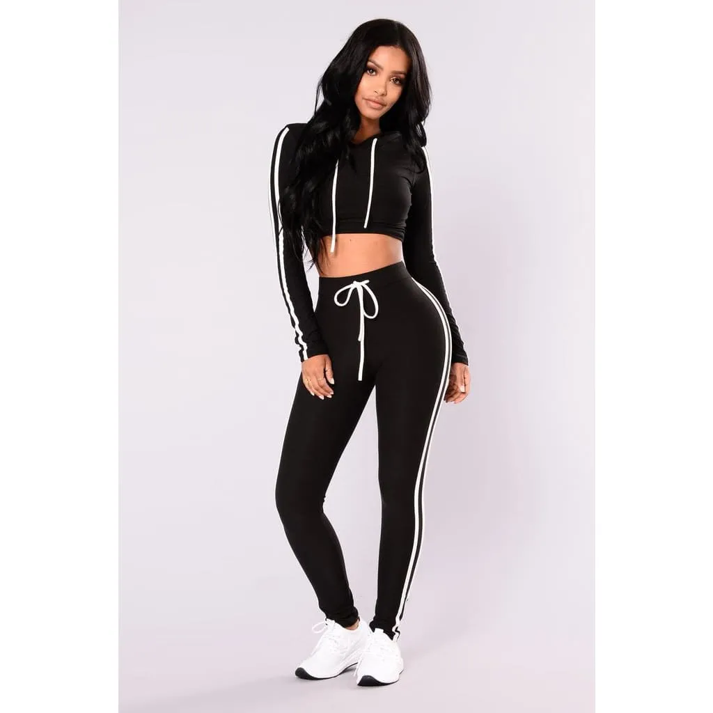 Double Side Stripe Drawstring Crop Hoodie & Slim Fit Jogger Pants