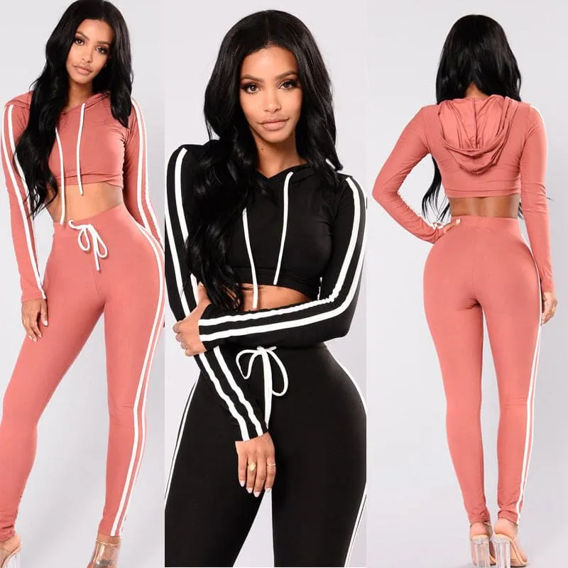 Double Side Stripe Drawstring Crop Hoodie & Slim Fit Jogger Pants